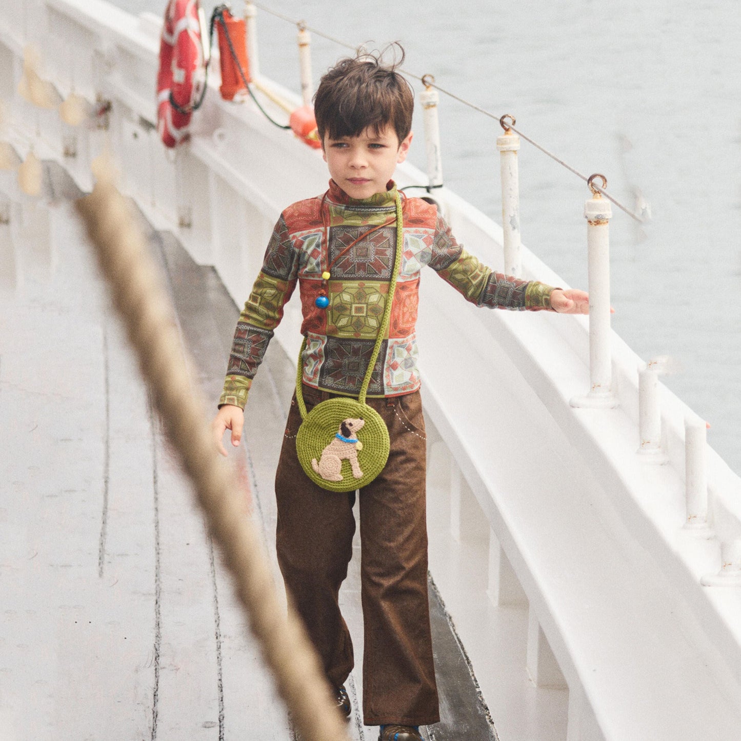 儿童绿色小狗羊毛针织包