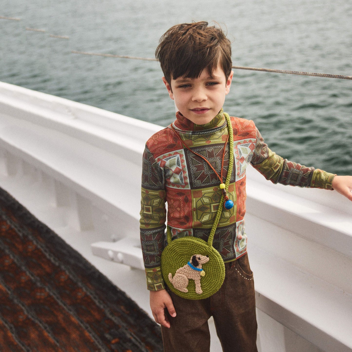 儿童绿色小狗羊毛针织包