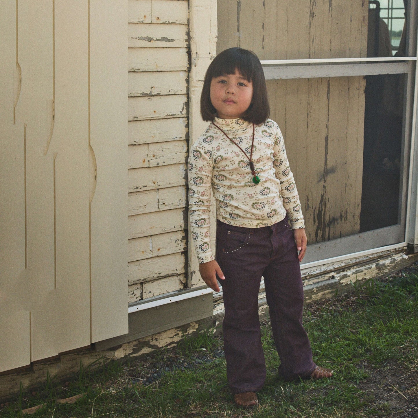 儿童米白色碎花棉高领衫