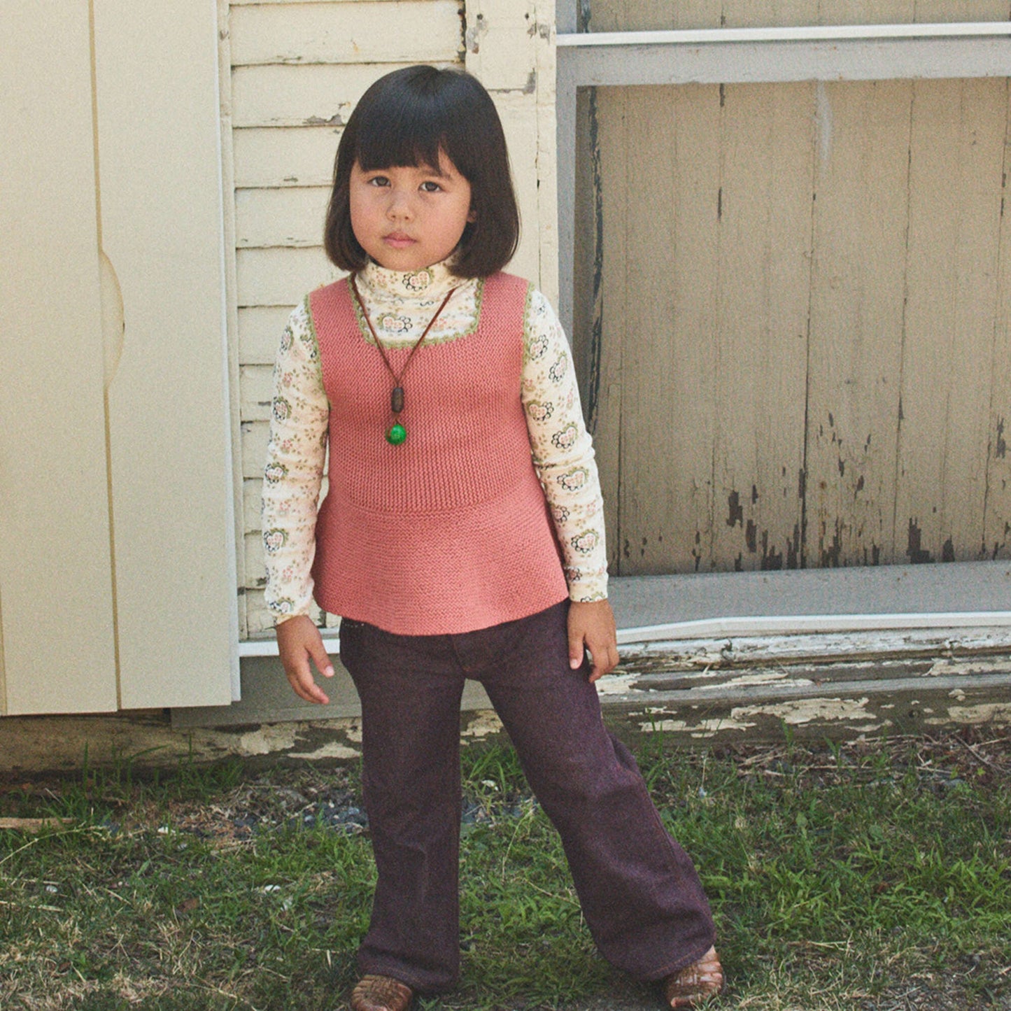 儿童米白色碎花棉高领衫