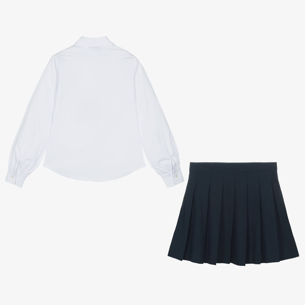 女童白色&深蓝色棉短裙套装
