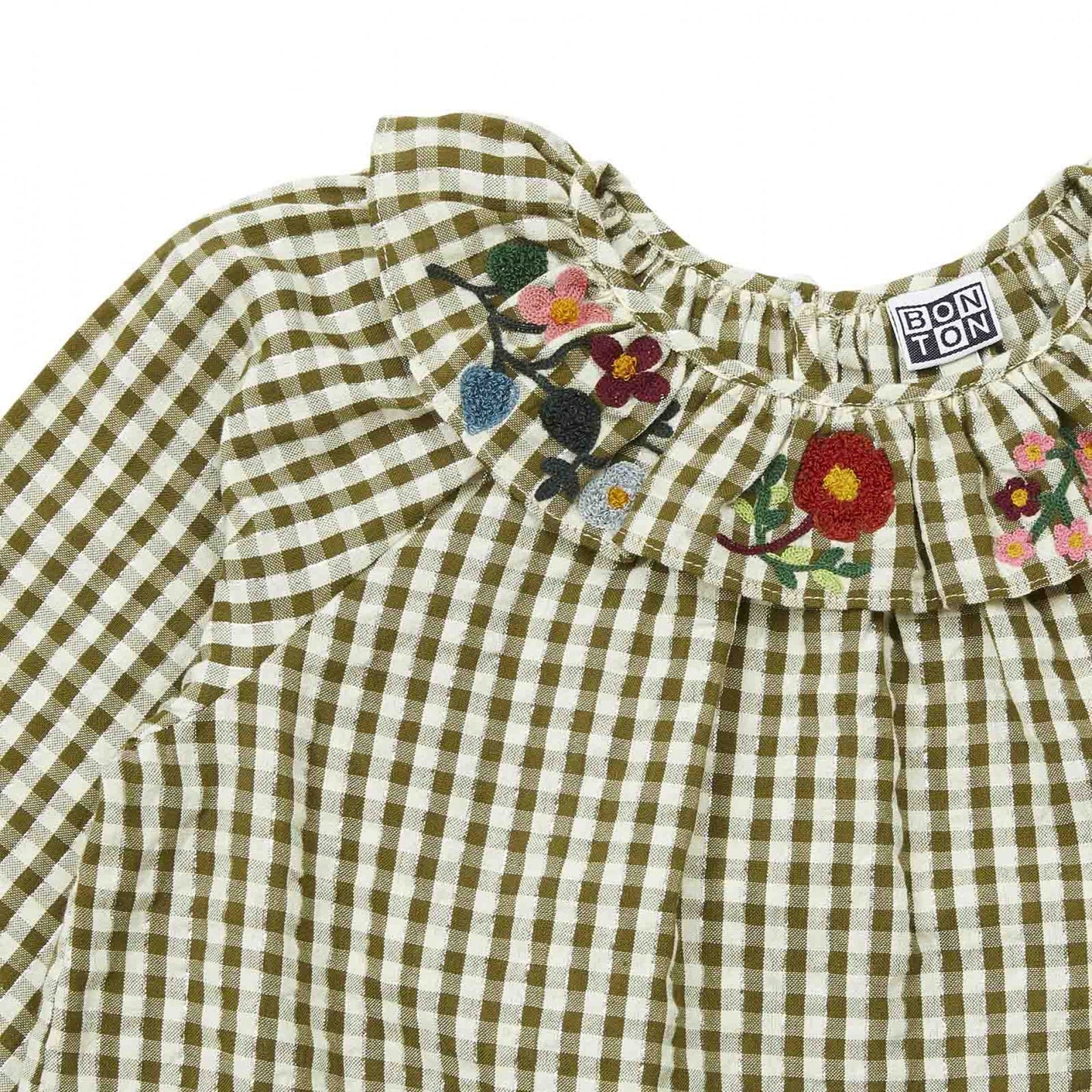 女童绿色格子刺绣棉上衣