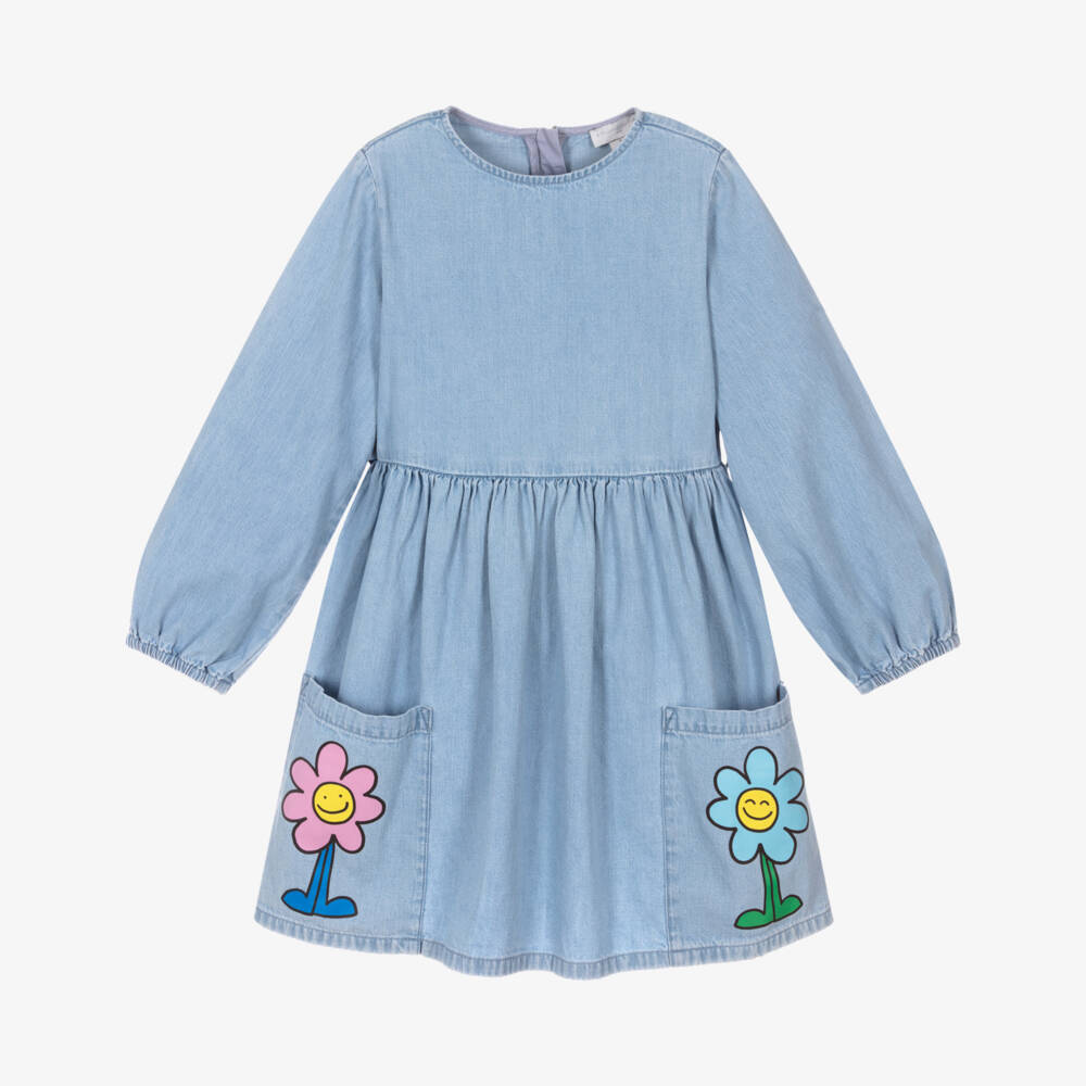 女童浅蓝色花朵牛仔连衣裙