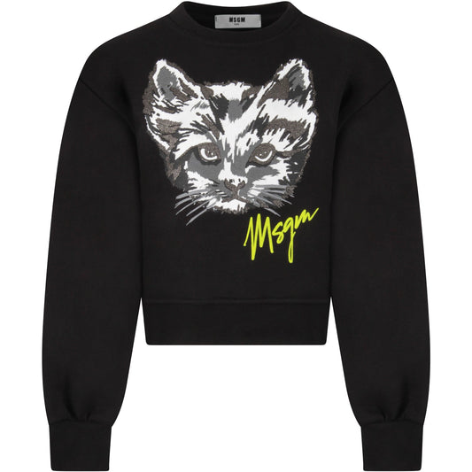 Girls Black Cat Cotton Sweatshirt