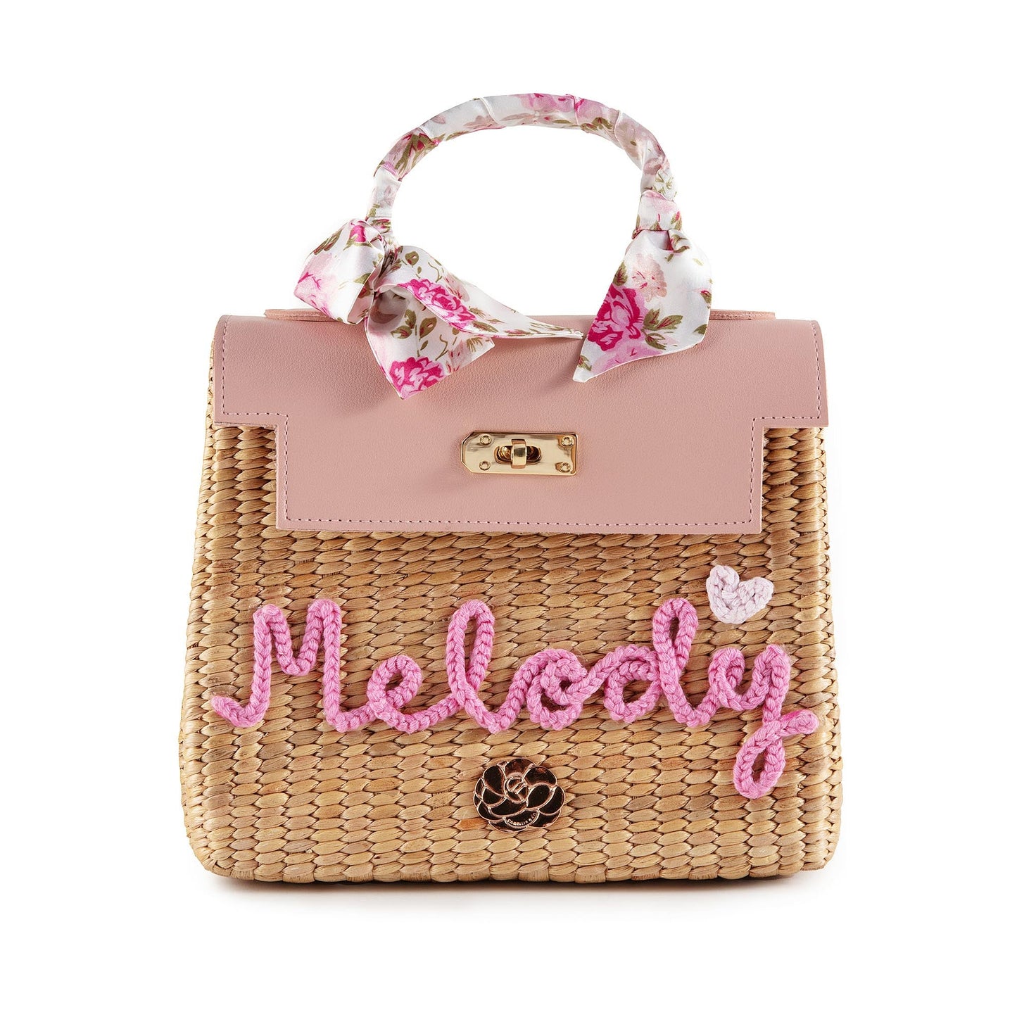 儿童粉色“Melody”手提复古草编包