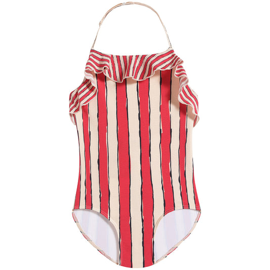 女童红色条纹泳衣
