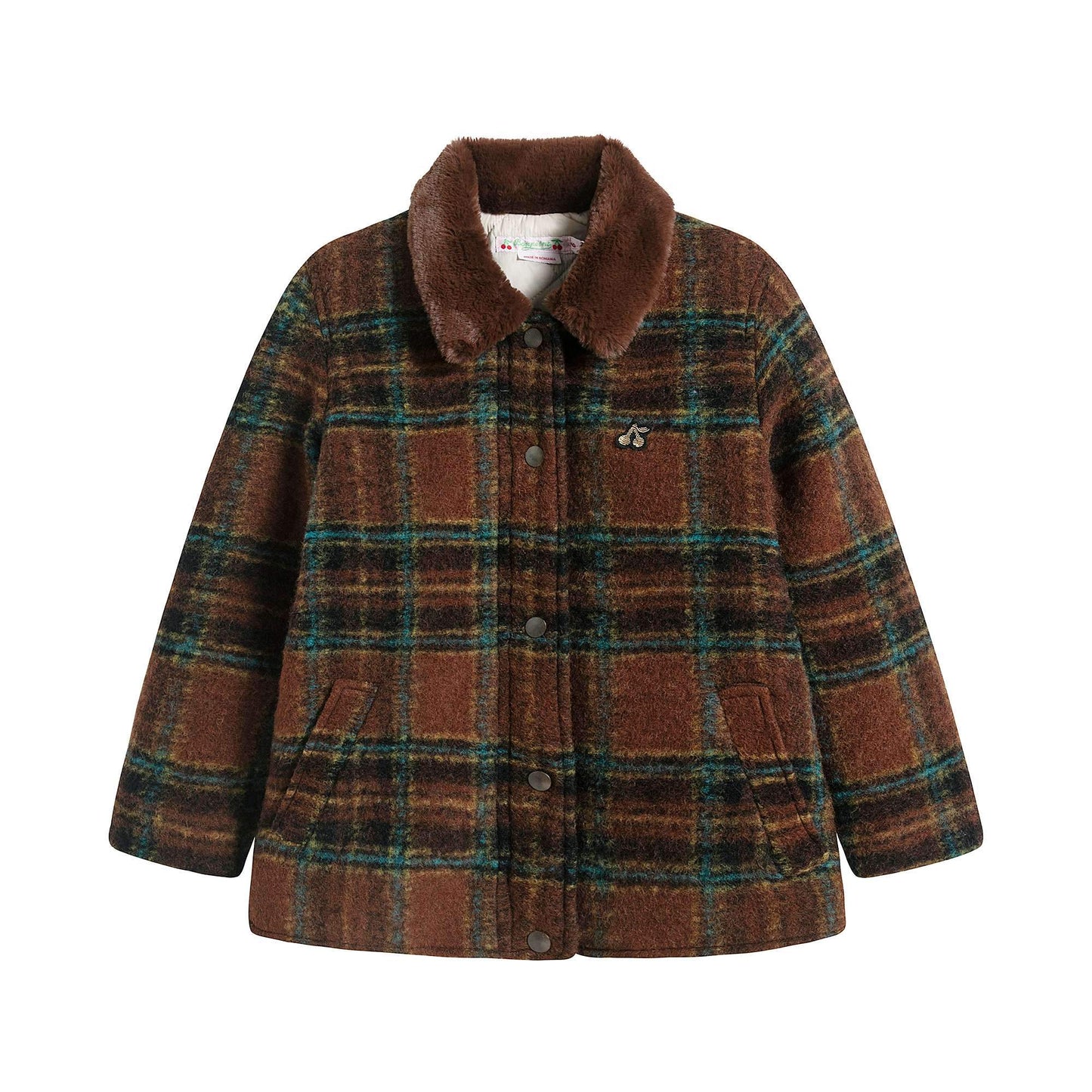 女童棕色格子羊毛外套