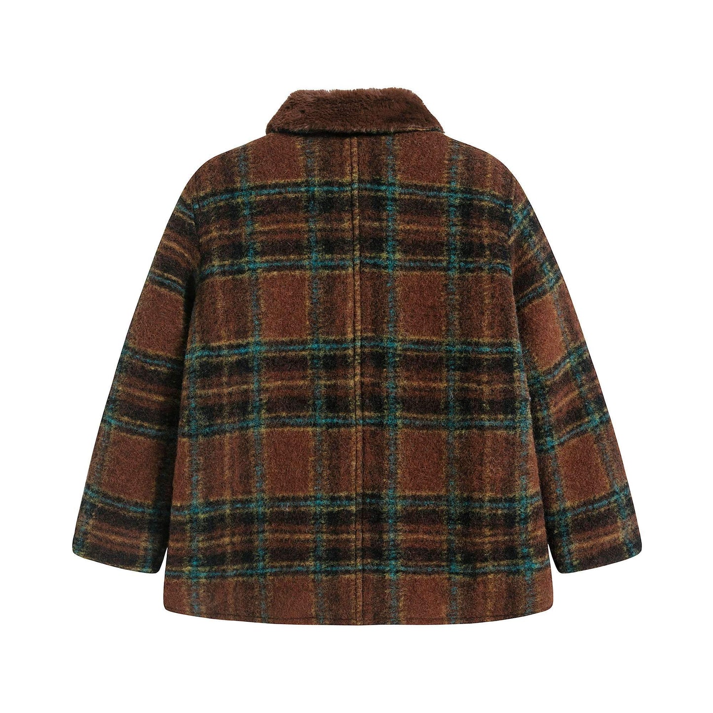 女童棕色格子羊毛外套