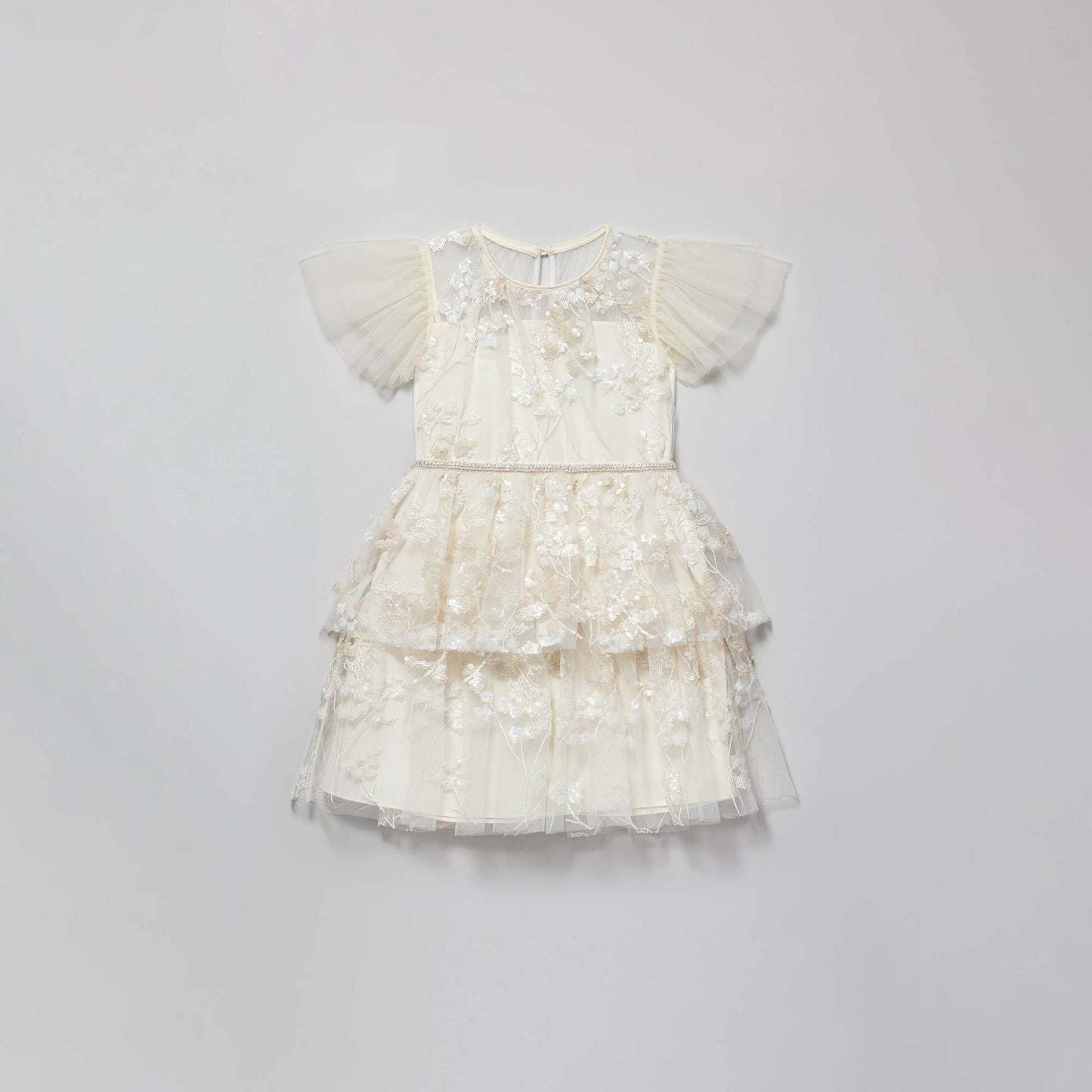 女童象牙白花朵亮片连衣裙