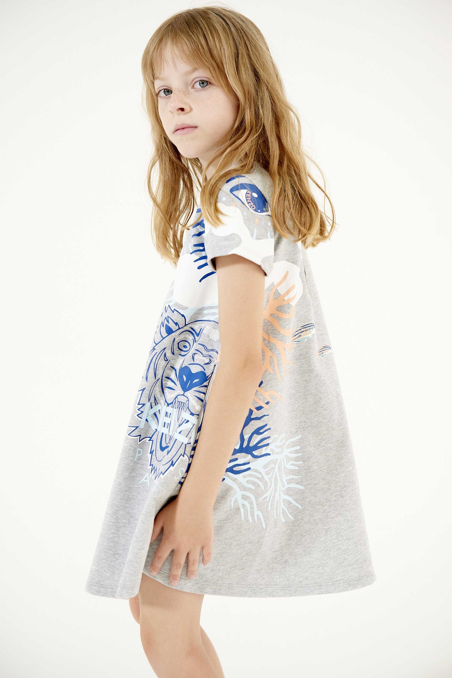 Girls Green Grey Logo Cotton Dress