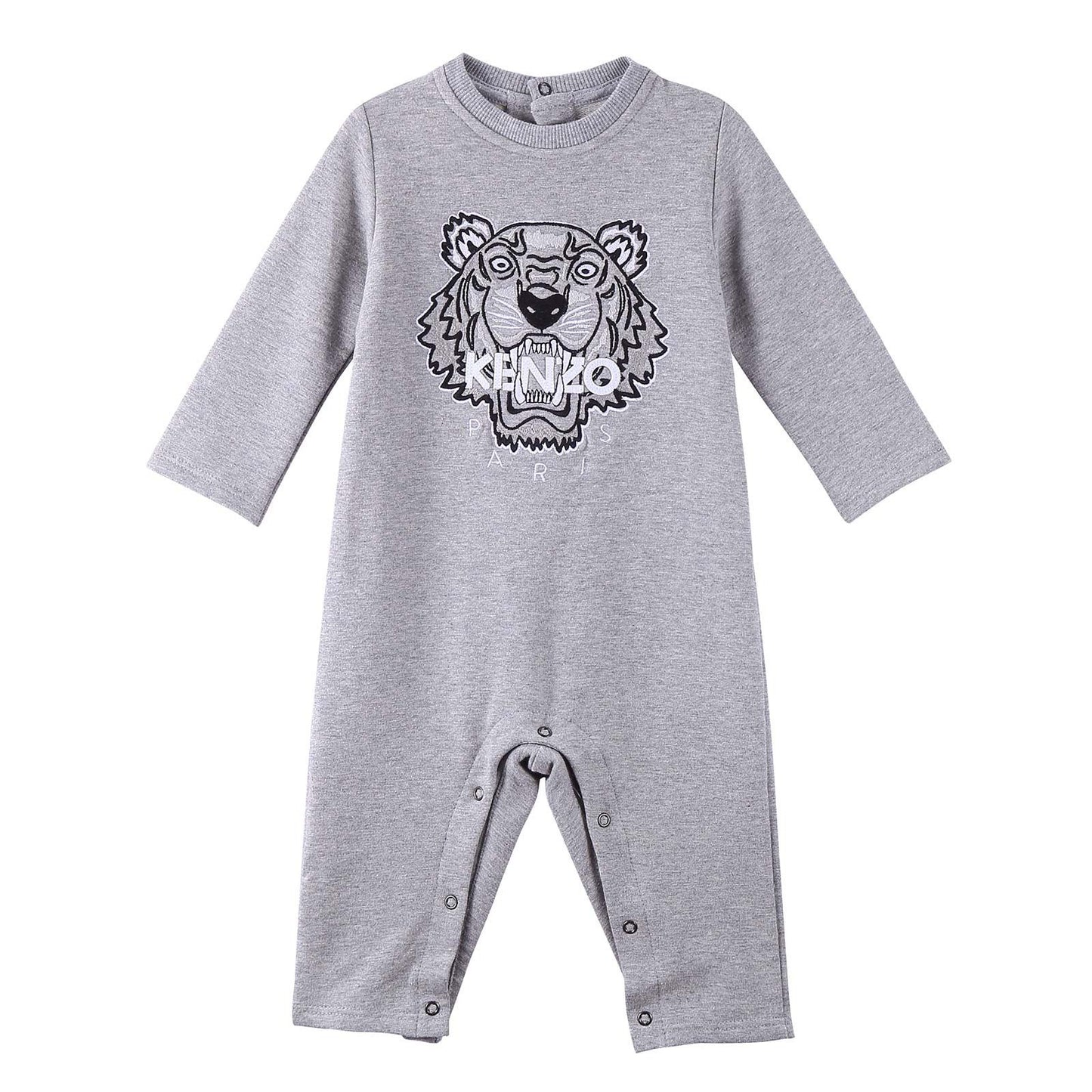 Baby Grey Cotton Embroidered Tiger Head Trims Babygrow