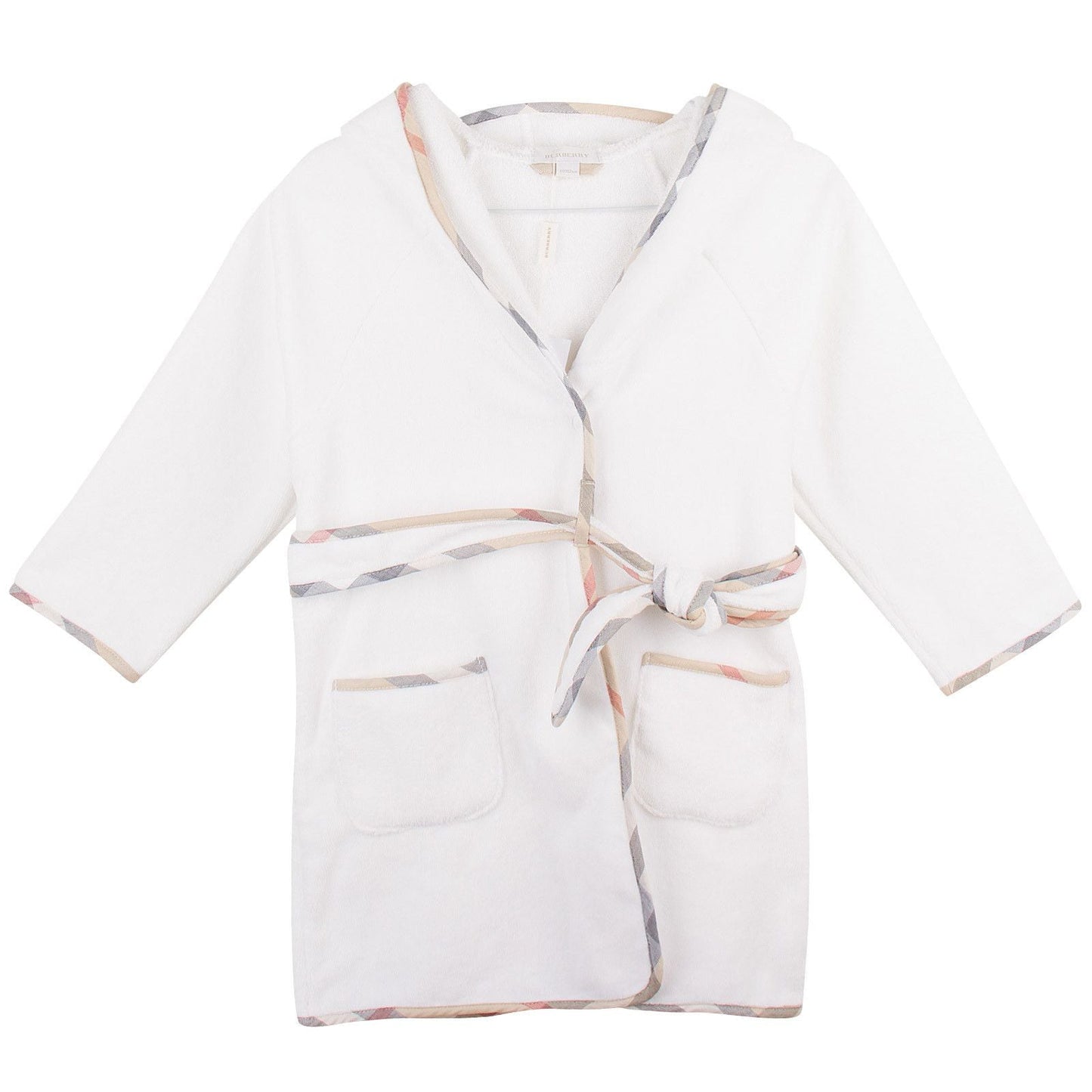 Baby White Two Pockets Cotton Bathrobe With Classic Check Trims