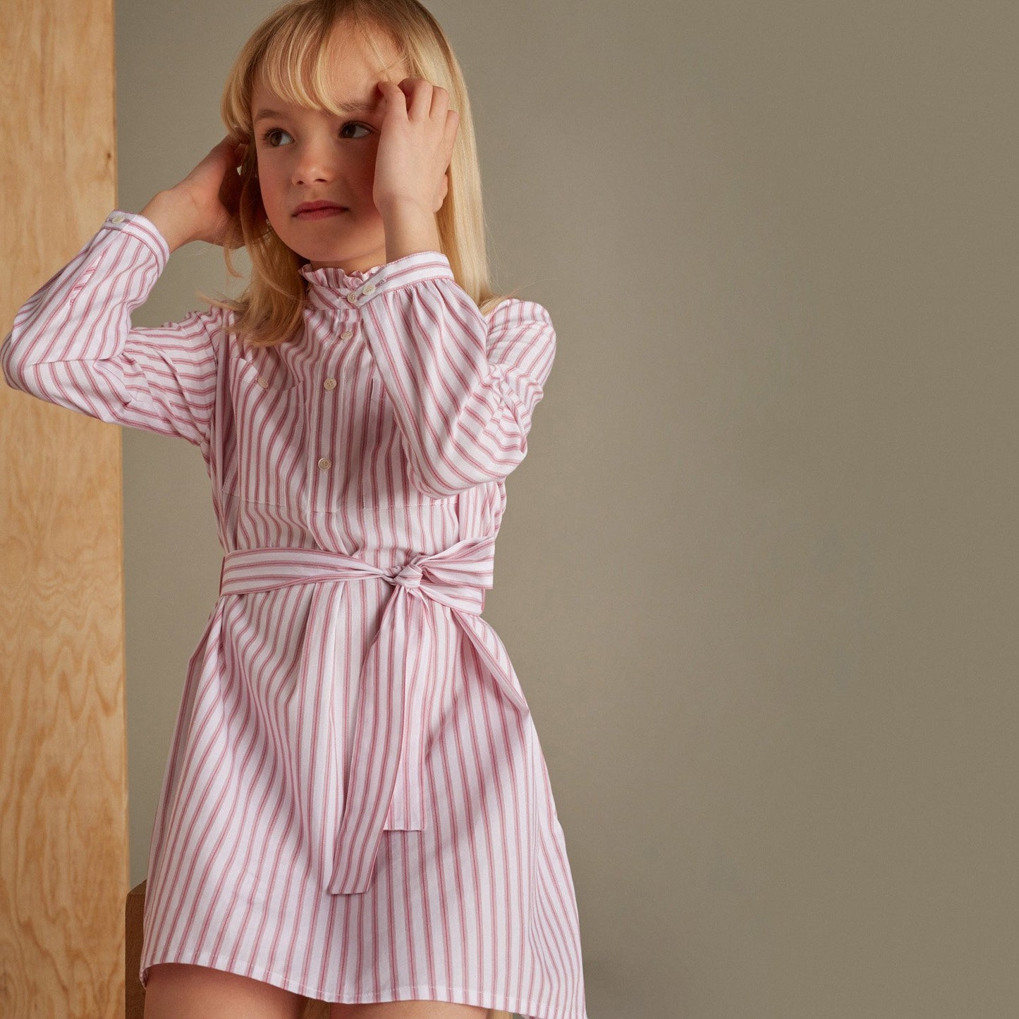 女童粉色条纹棉连衣裙