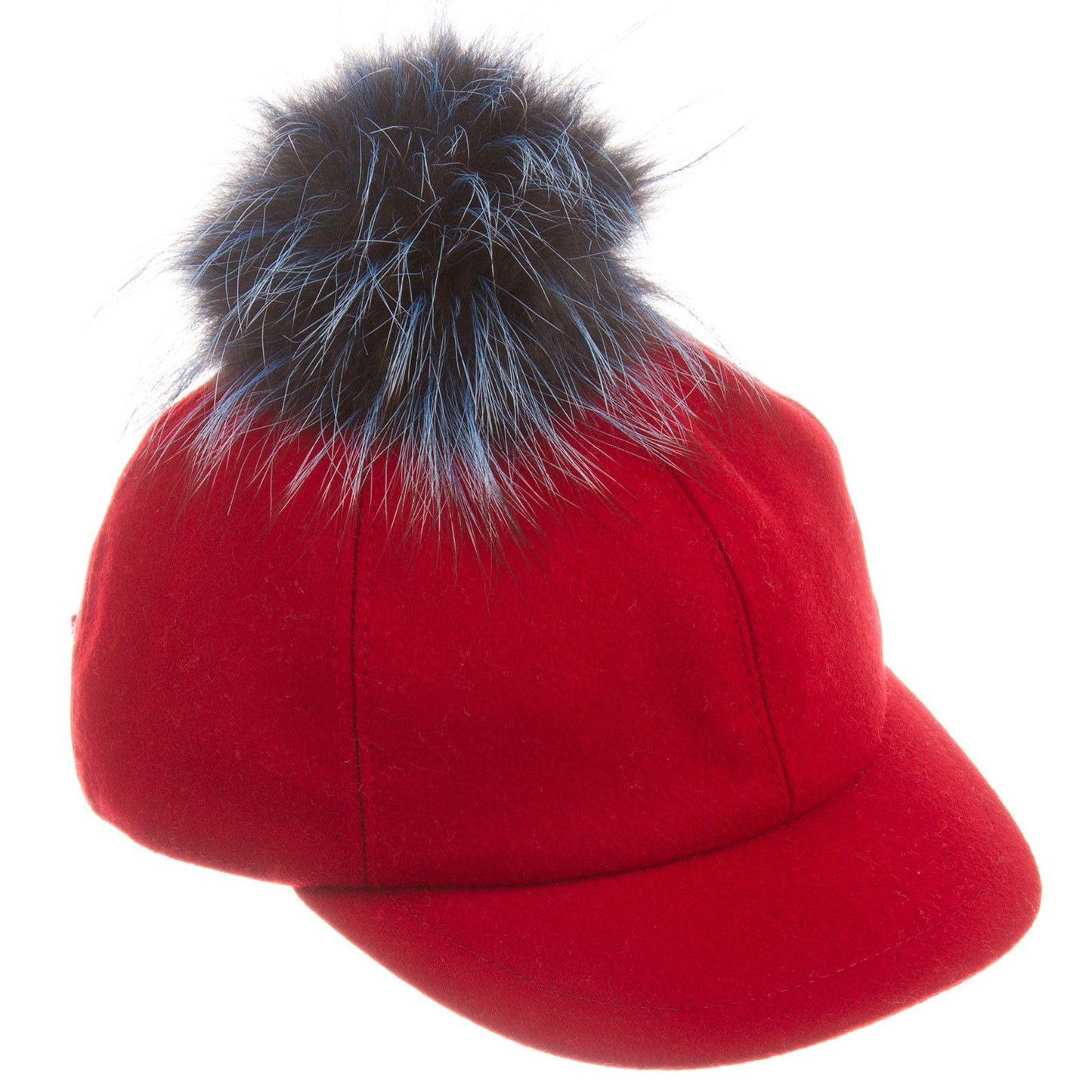 Girls Red Wool Cap With Blue Fur Trim