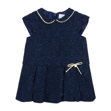 Baby Girls Navy Blue Raised Jacquard Party Dress With Bow Trims