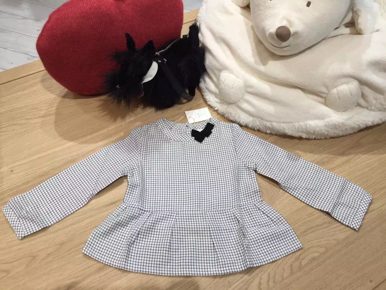 Girls Navy Blue Check Blouse With Bow Trims