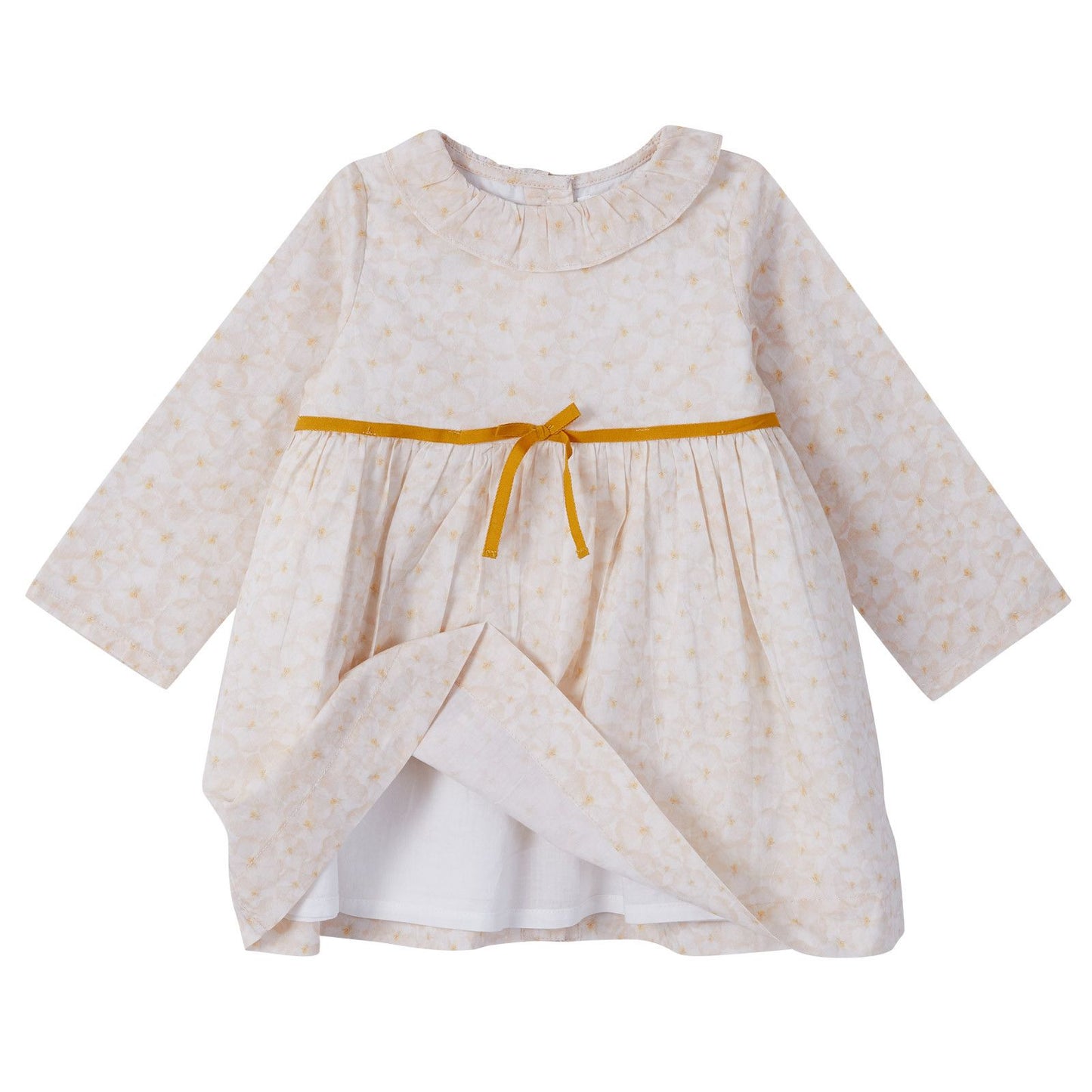 Baby Girls Beige Pansy Printted Dress&Knickers With Mustard Yellow Ribbon