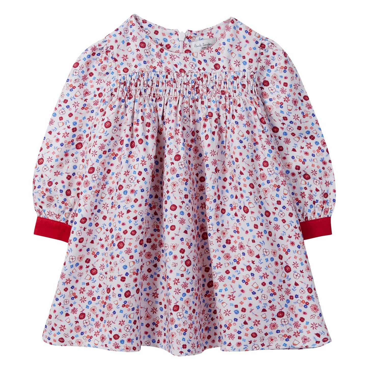 Baby Girls Pink Ditsy Floral Dress With Red Cuffs