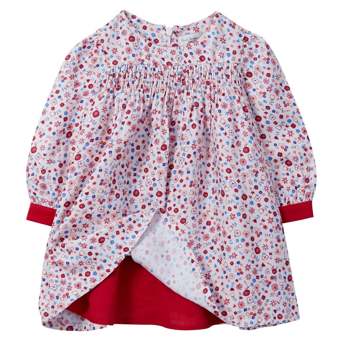 Baby Girls Pink Ditsy Floral Dress With Red Cuffs