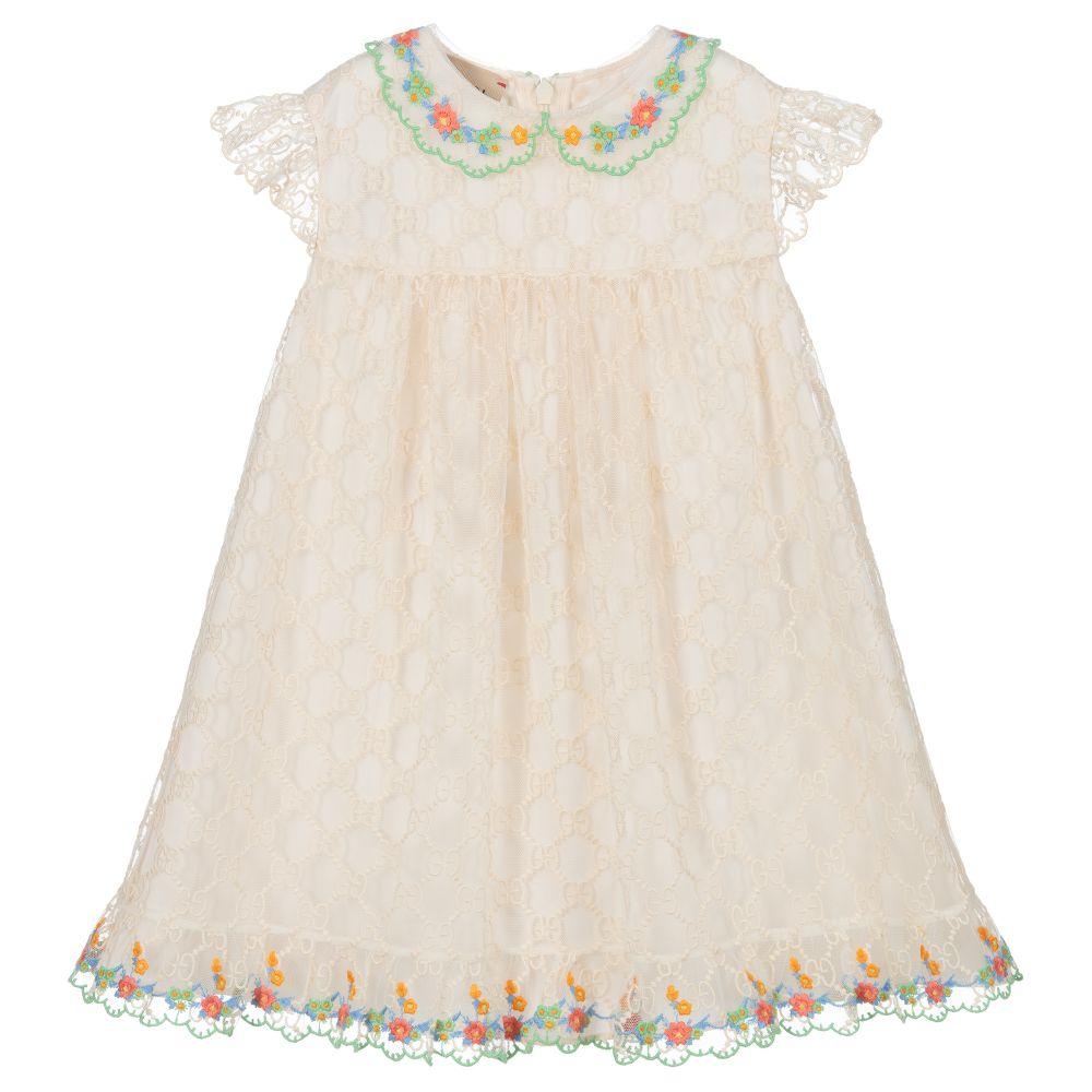 Baby Ivory GG Embroidered Dress
