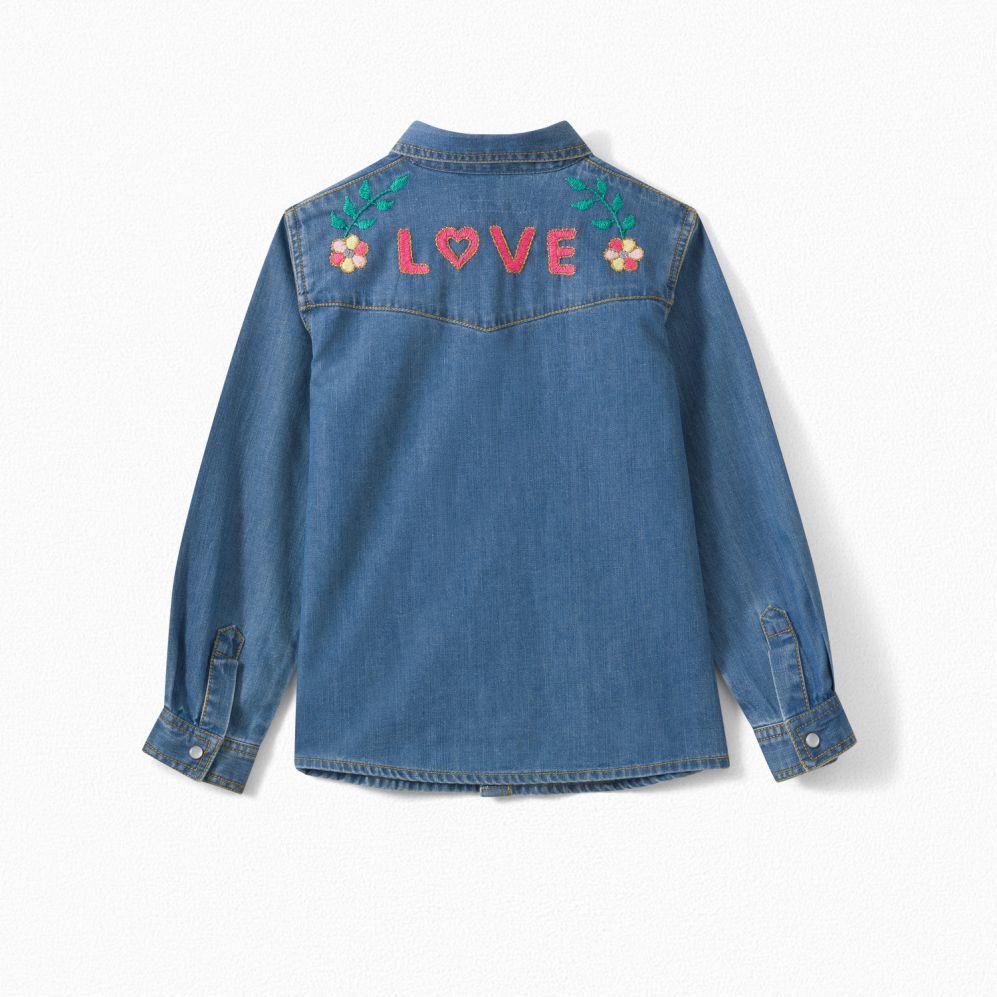 Girls Blue Embroidered Denim Shirt