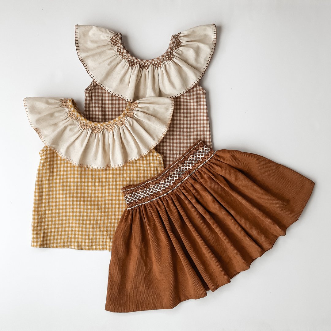 女童棕色格子荷叶边棉衬衫