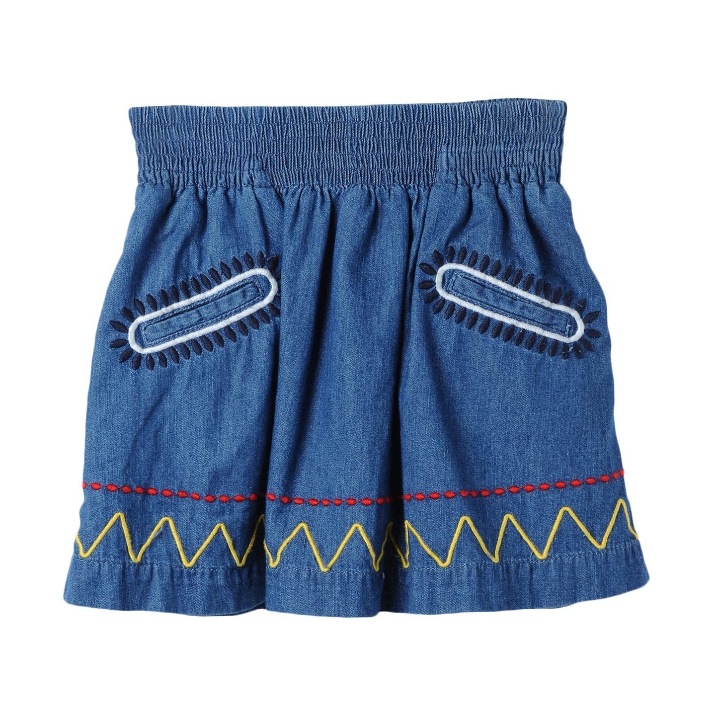 Girls Blue Denim Chambray Skirt With Colorful Zig Zag Embroidered Trims