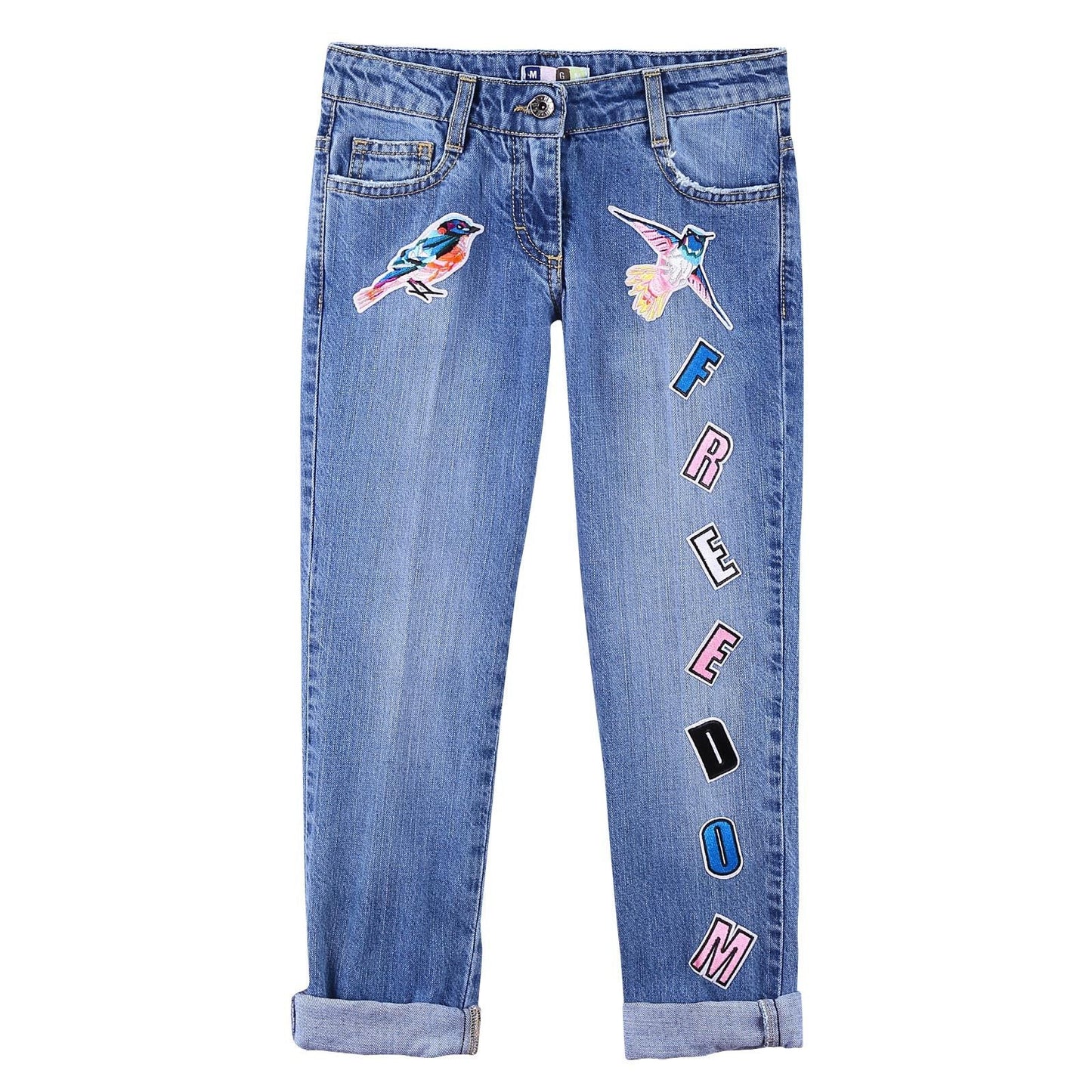 Girls Blue Patch Birds Trims Cotton Denim Jeans