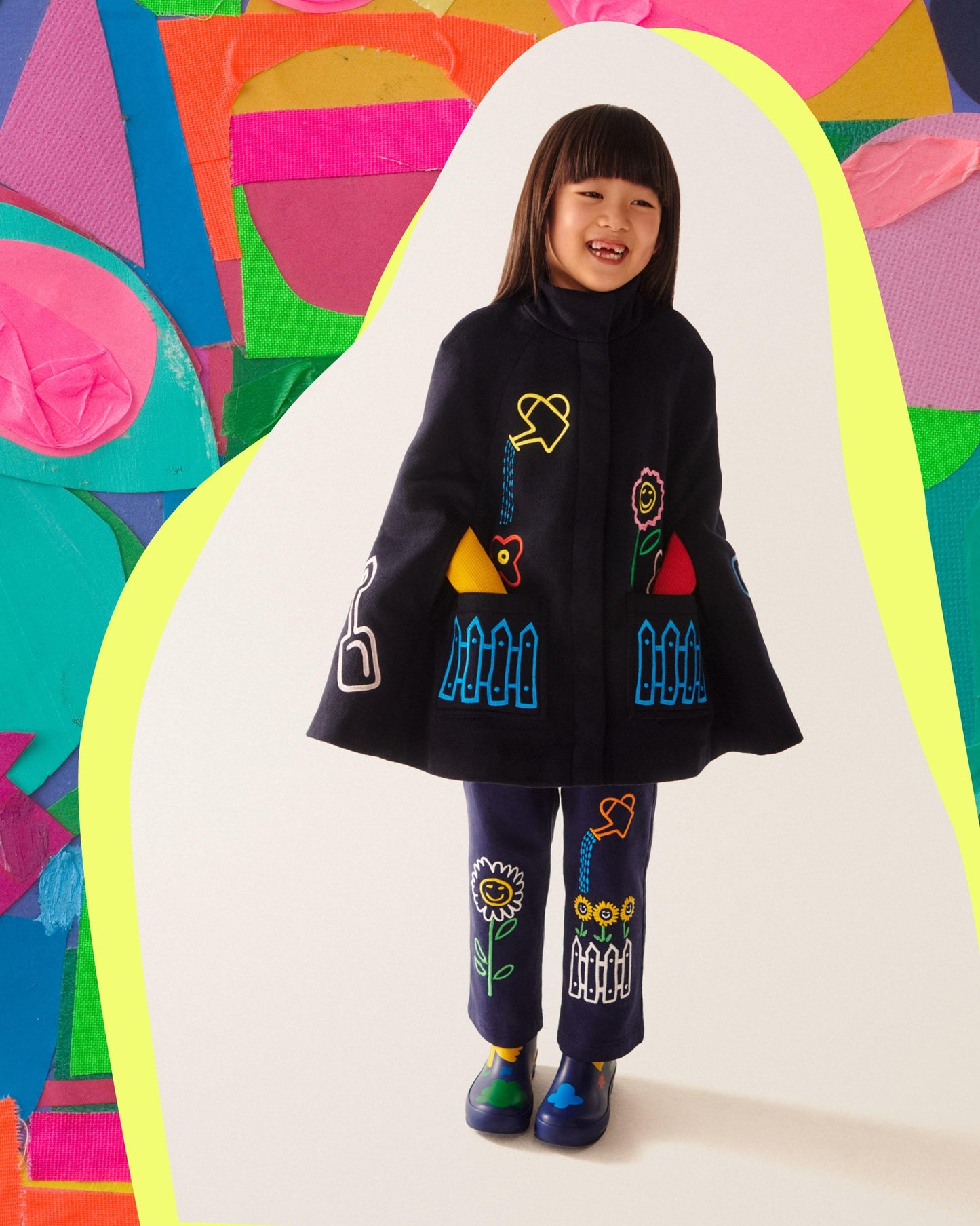 女童深蓝色刺绣牛仔长裤