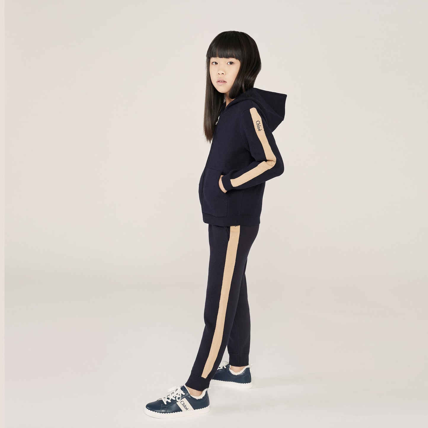 女童藏青色Logo棉长裤
