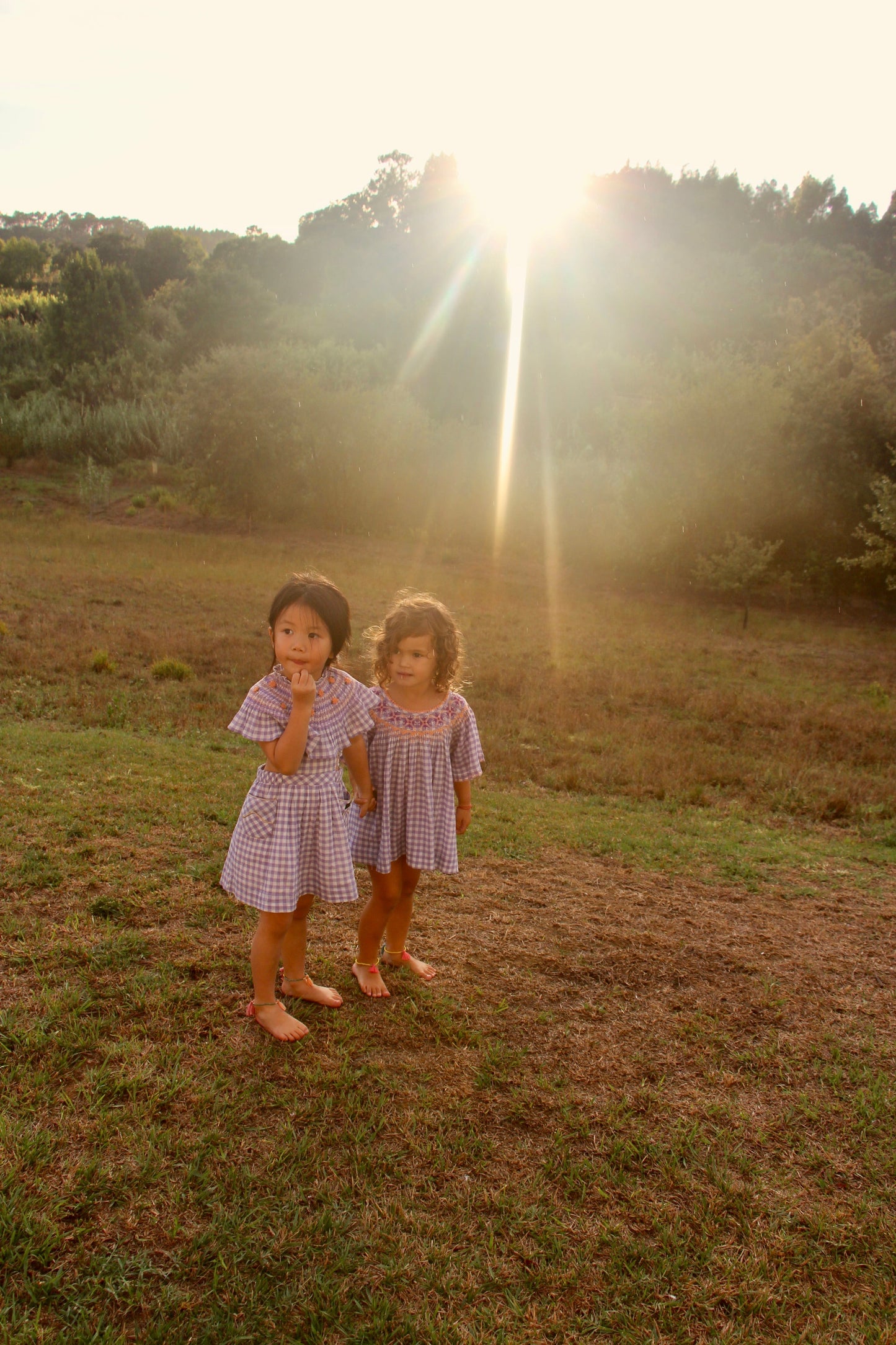 女童紫色格子刺绣连衣裙