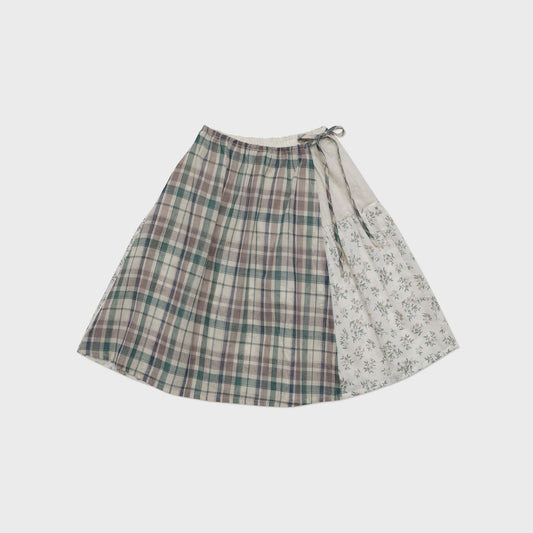 女童绿色格子棉短裙