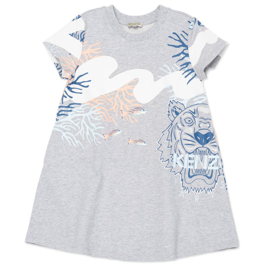 Girls Green Grey Logo Cotton Dress