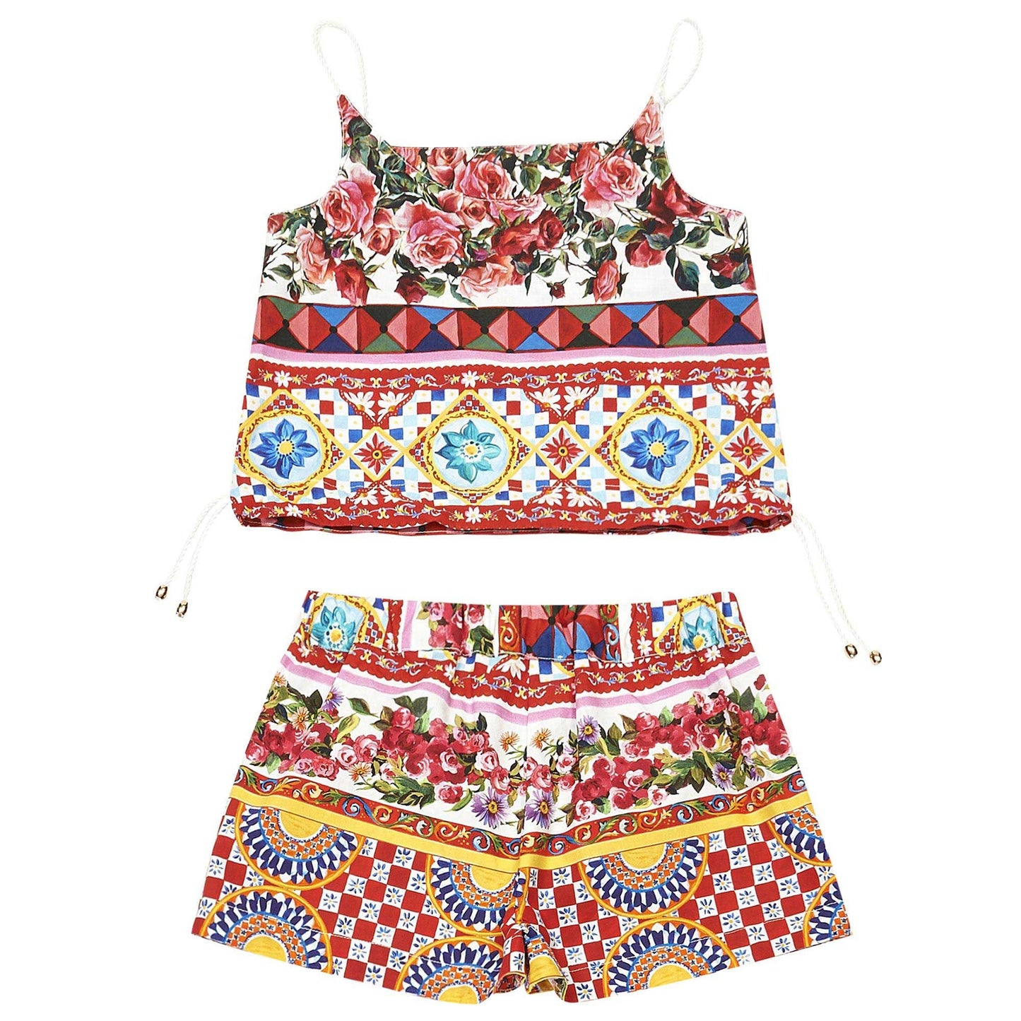 Girls Red Flower Printed Trims Top & Short Set