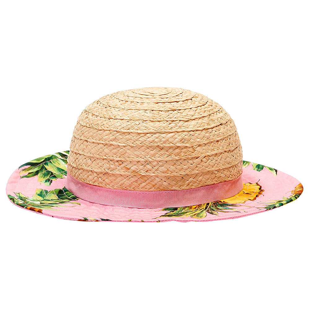 Girls Pink Flower Printed Trims Straw Hat