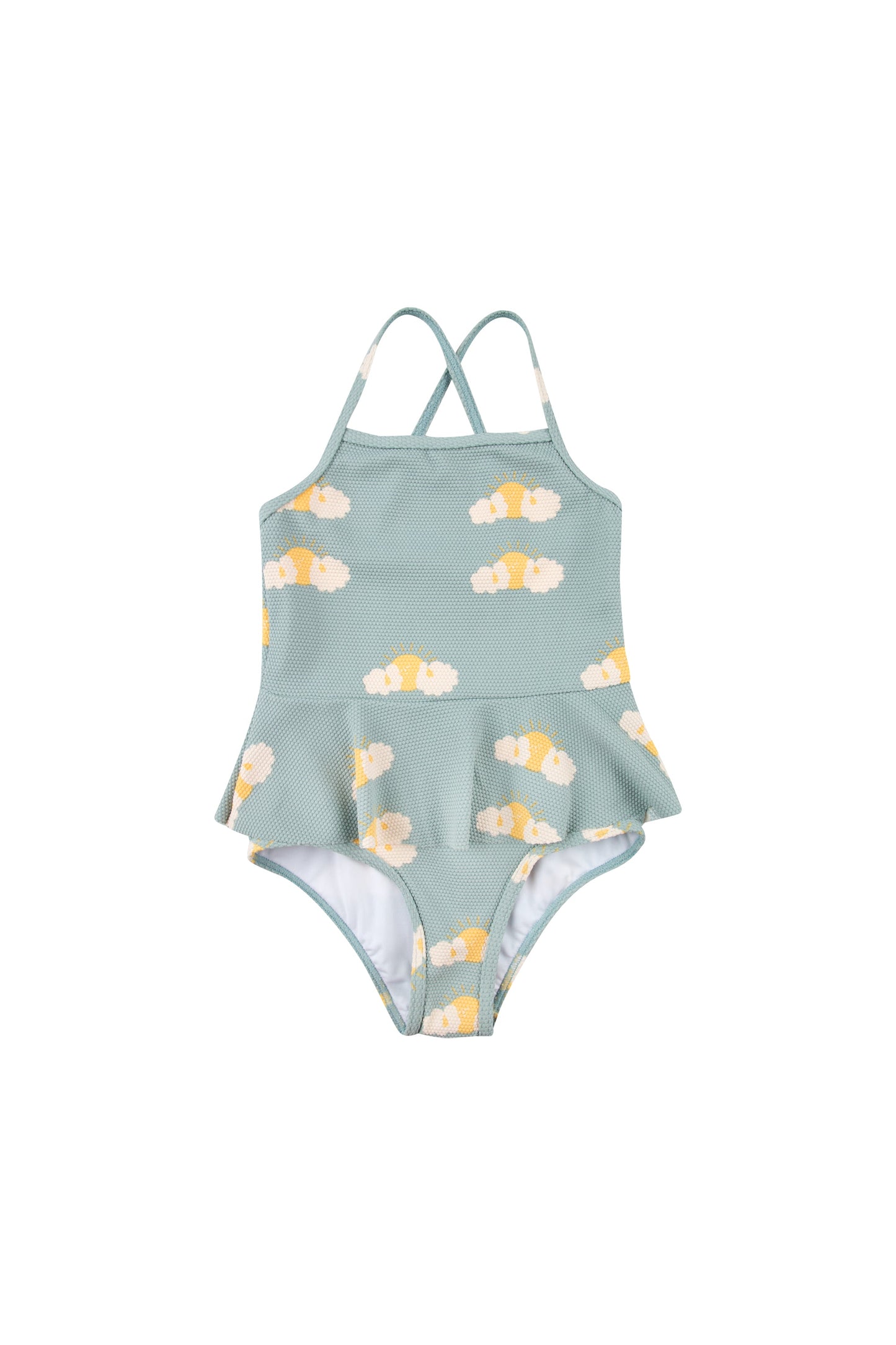 女童海绿色&黄色花朵印花泳装