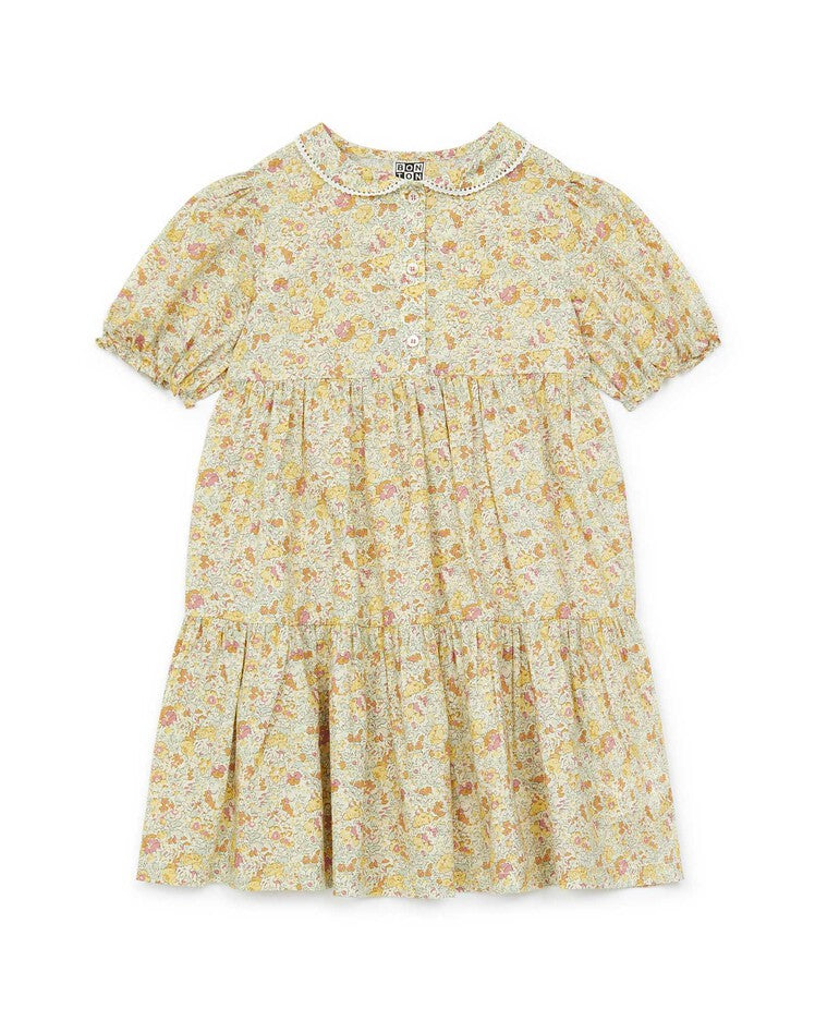 女童黄色碎花棉连衣裙