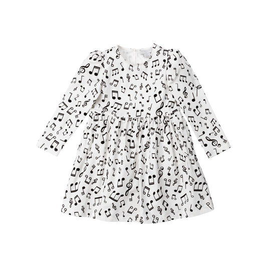 Girls Musical Notes Cream Cotton Dress