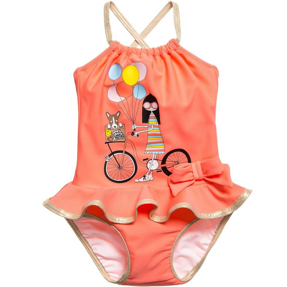 Baby Girls Pink 'Mrs Marc' Printed Criss-cross Straps Swimsuit