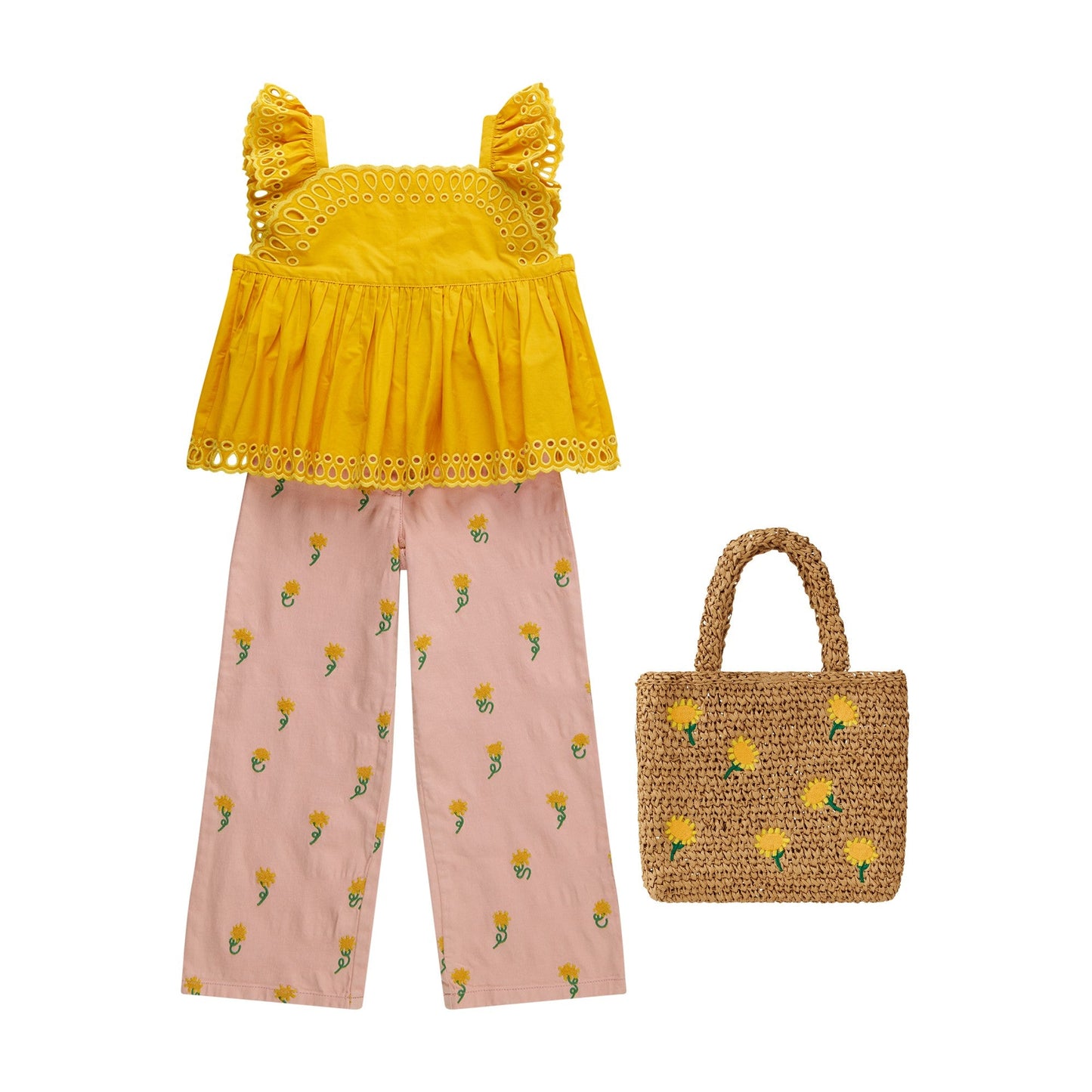 女童米色草编向日葵手提包