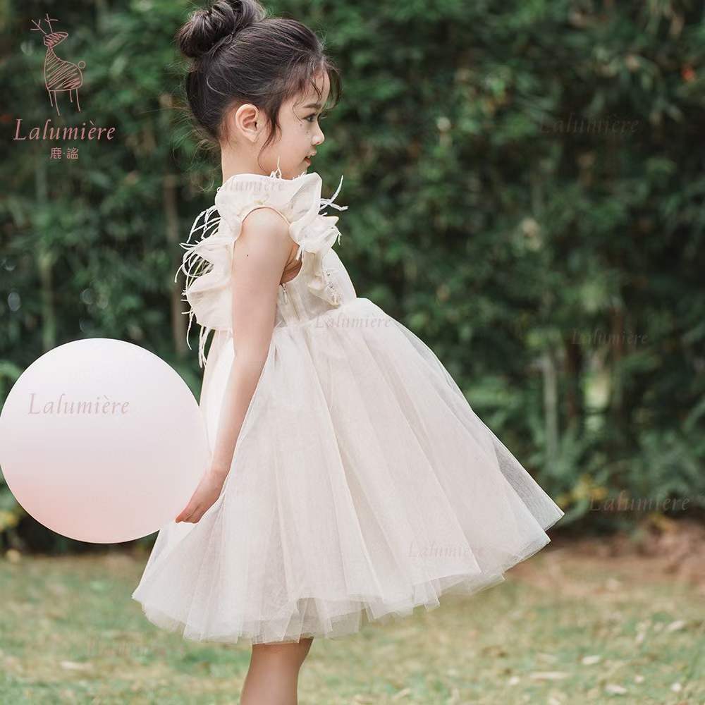 女童香槟羽毛缩褶礼服裙