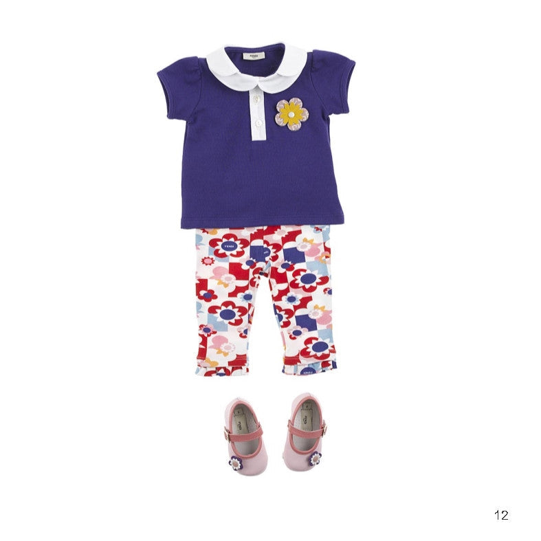Baby Girls Purple Cotton Polo Shirt With Patch Flowers Trims
