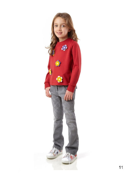Girls Red Cotton Sweatshirt With Patch Flower Trims