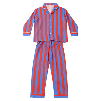 亲子款红蓝色条纹天丝睡衣套装