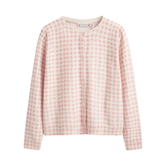 女童粉色格子棉开衫