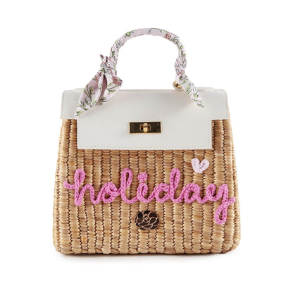 儿童白色“holiday”手提复古草编包