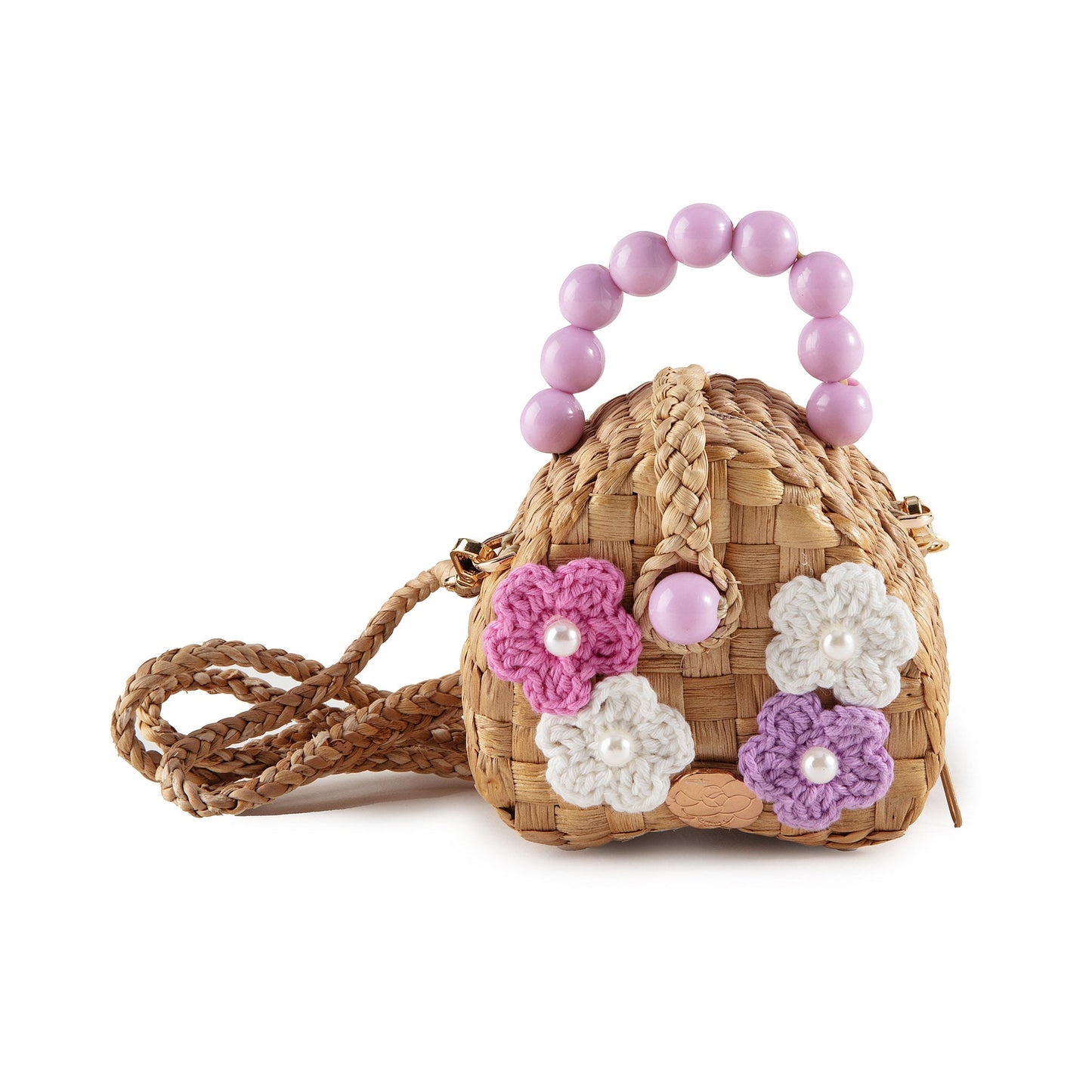 儿童三朵小花深粉手提复古草编包