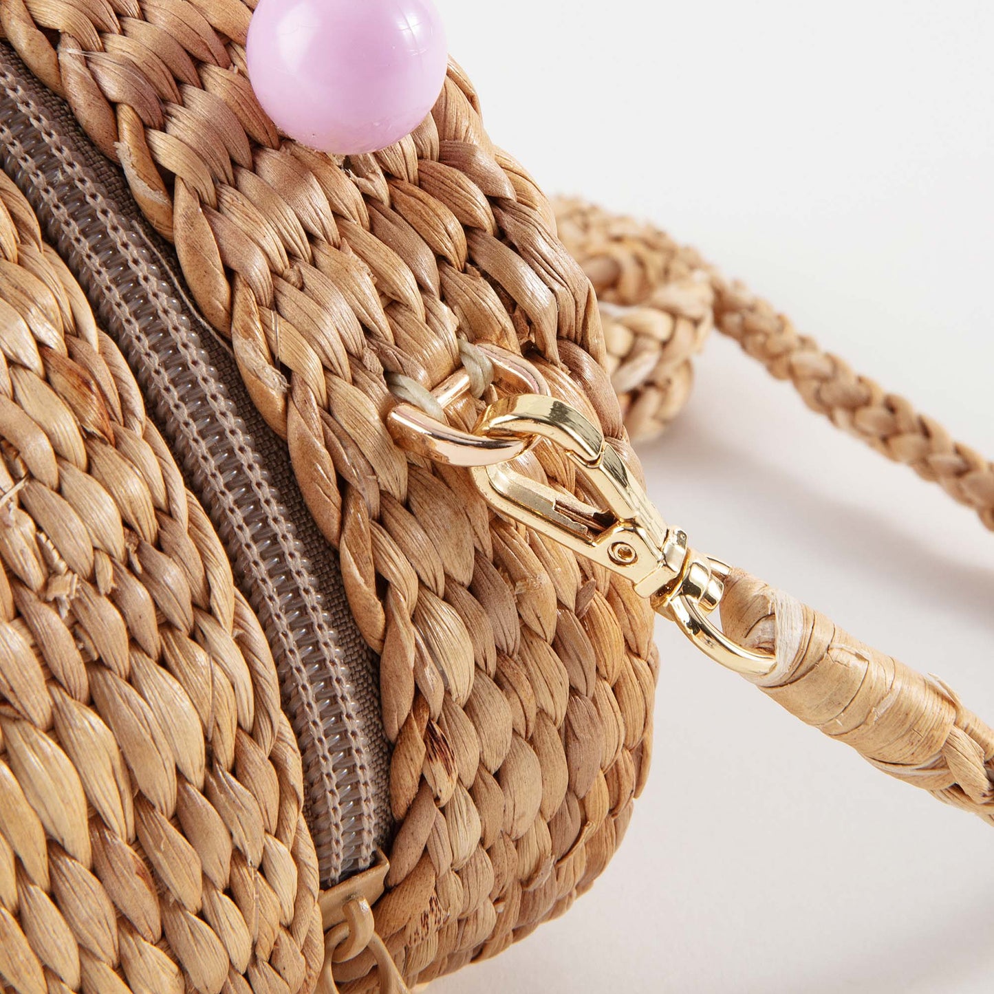 儿童三朵小花深粉手提复古草编包