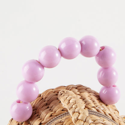 儿童三朵小花深粉手提复古草编包