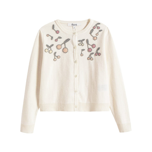 Girls White Cherry Cotton Cardigan